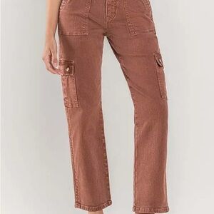 High Rise Patch Pocket Cargo Straight Jeans-Brick Red/Brown